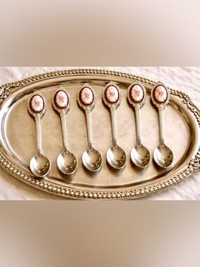 Vintage Japan Demitasse Spoon Set Porcelain Rose Handles Silver Plate 6pc Boxed